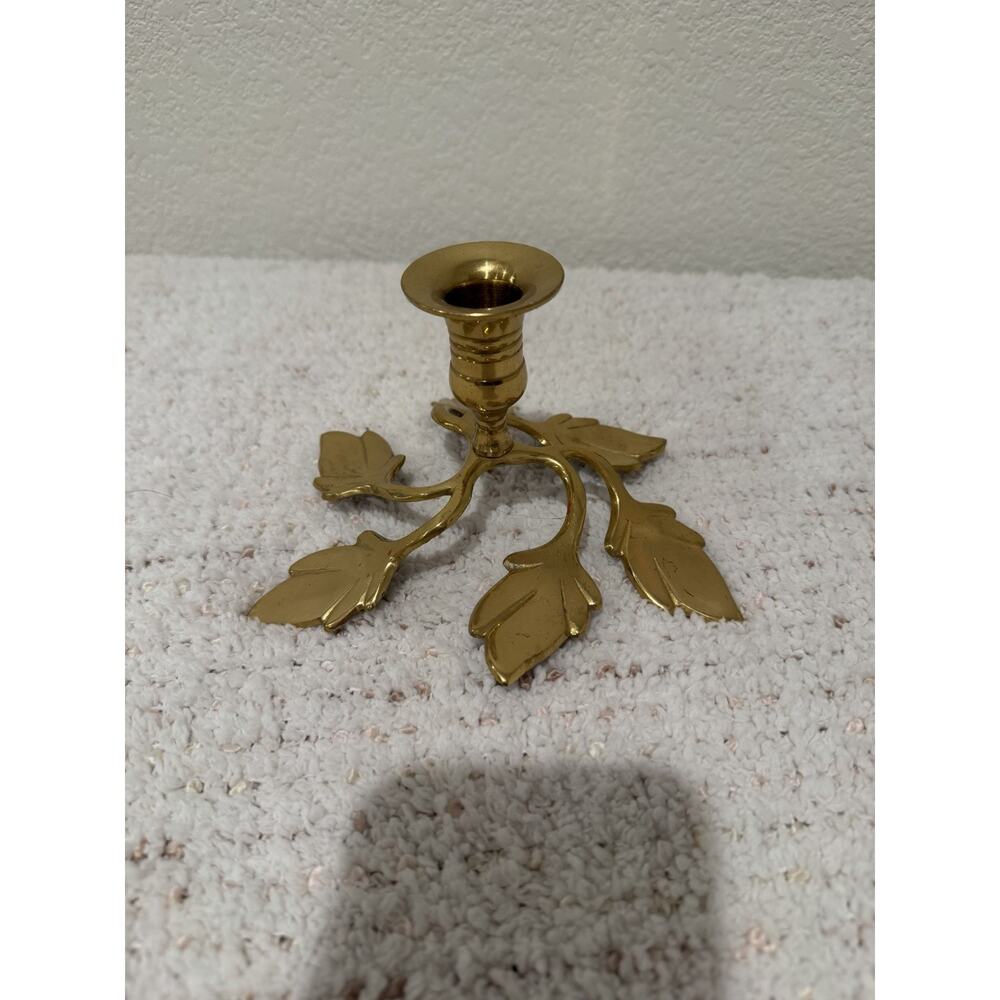 Vintage MCM Retro Brass Tapered Candle Holder Leaves Candlestick